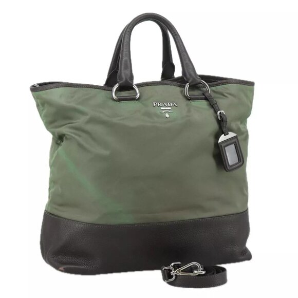 PRADA Tote Bag Nylon Leather 2way Khaki Auth 108115 - Picture 1 of 16